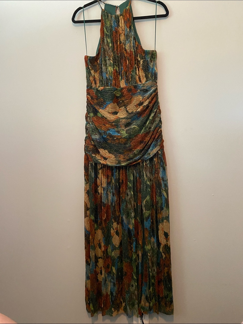 G/FORE Multicolor Pleated Halter Maxi Dress in Green, Blue, Rust
